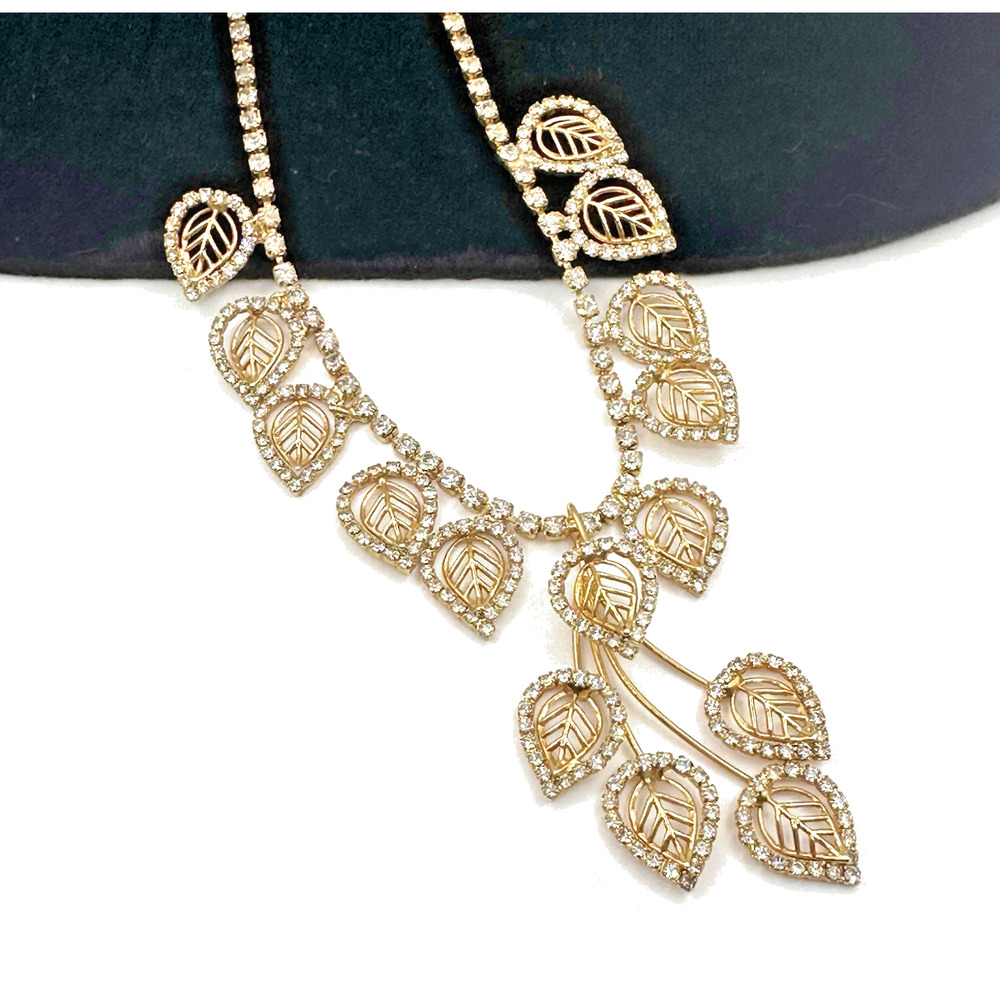 VTG Clear Rhinestone Necklace Teardrop Leaf Gold Choker Statement Prong Set